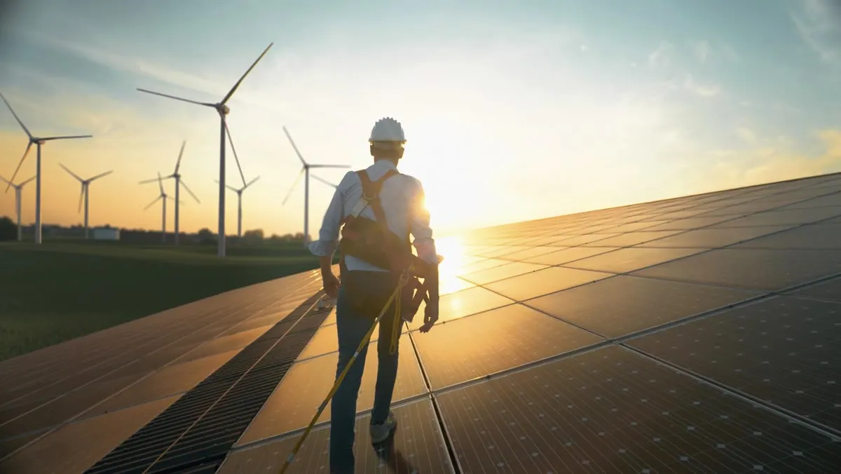 Solar panels and wind turbines at a grid energy site